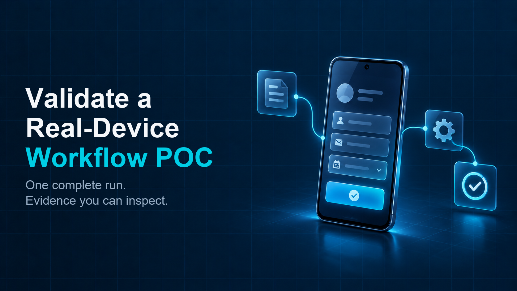 A single Android phone and connected evidence cues suggest an inspectable real-device workflow.