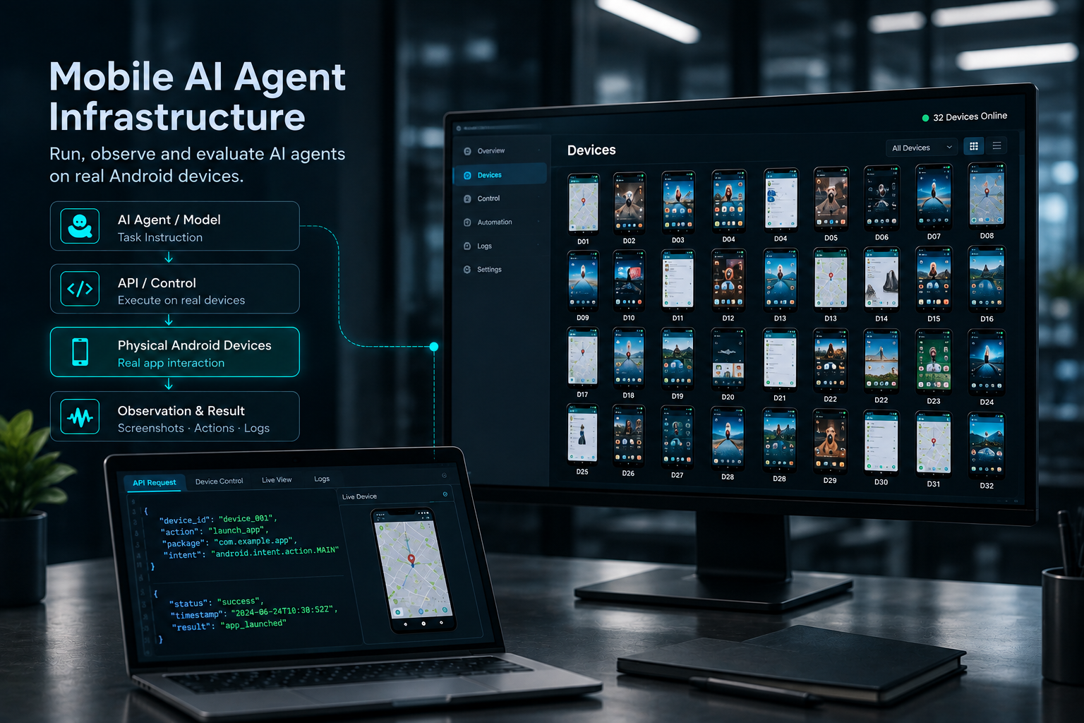 Mobile AI Agent Infrastructure showing AI agent control, physical Android devices, observation results, and API operations.